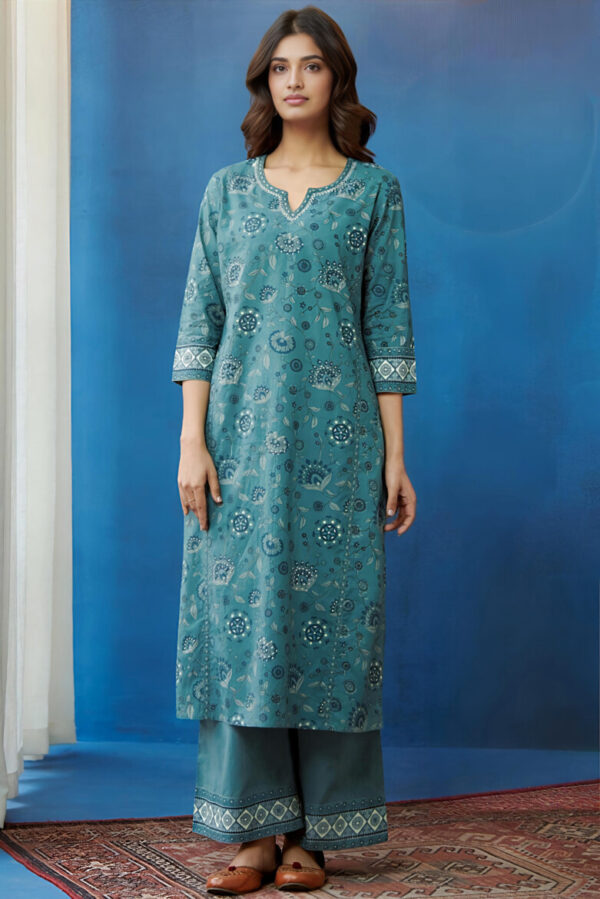 TEAL BLUE FLORAL PRINTED STRAIGHT KURTI - Image 2