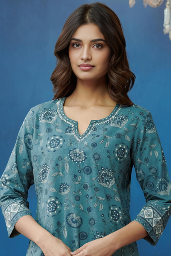 TEAL BLUE FLORAL PRINTED STRAIGHT KURTI - Image 4