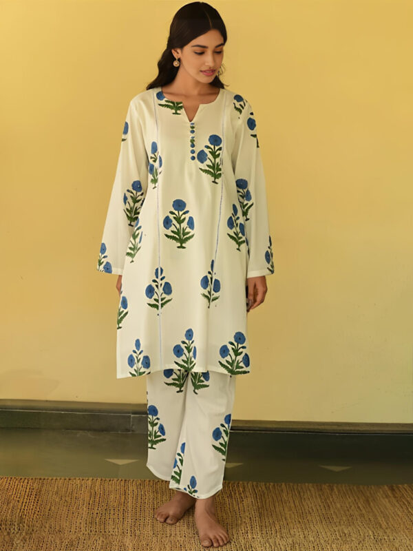 White & Blue Floral Handblock Print Co-ord Set - Image 4