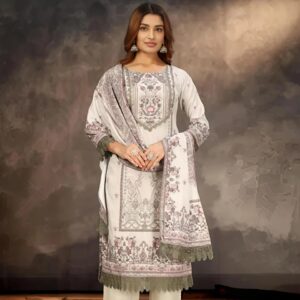 Elegant Grey & White Printed Suit Set with Lace Detailing