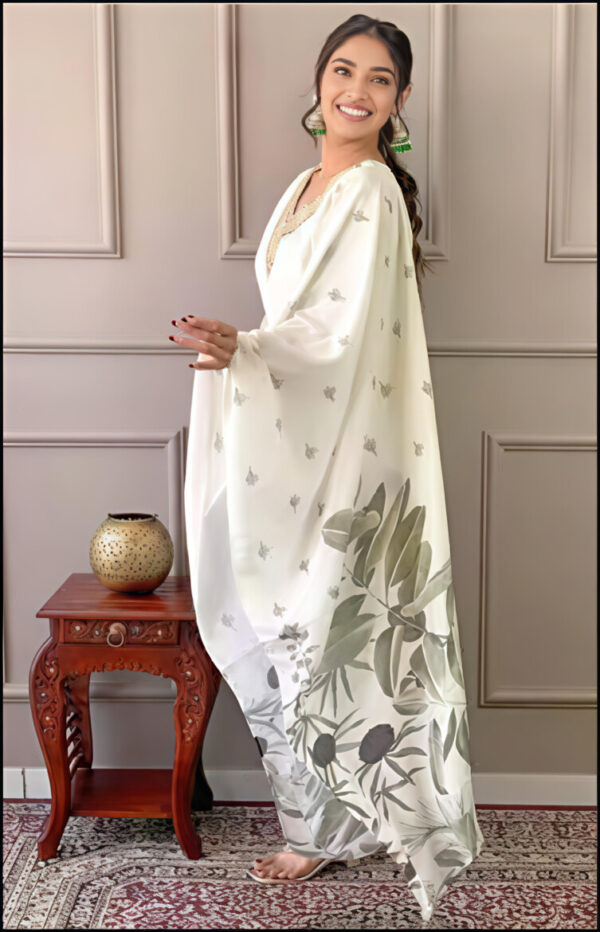 White Botanical Printed Kurta Set with Dupatta - Image 5