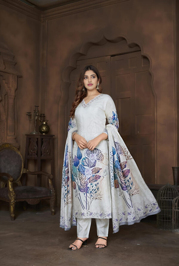 Elegant Pastel Floral Printed Suit Set with Dupatta - Image 2