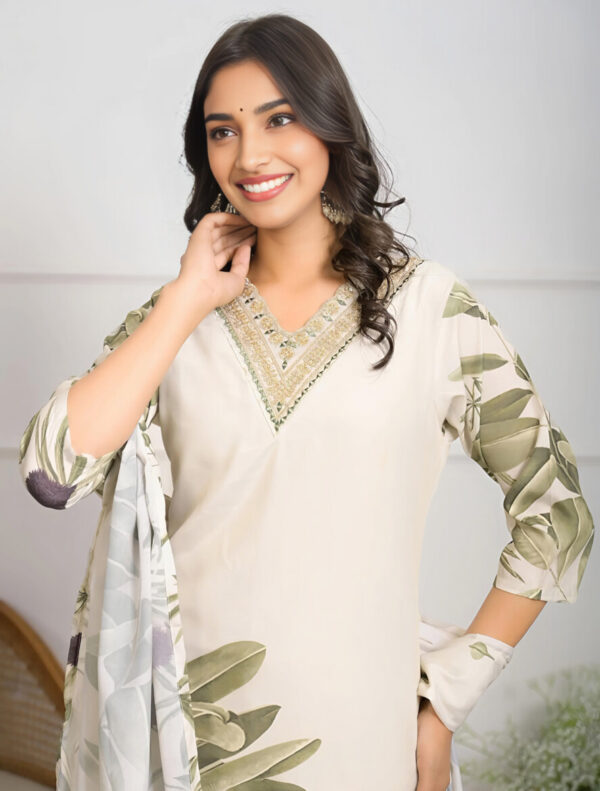 White Botanical Printed Kurta Set with Dupatta - Image 2