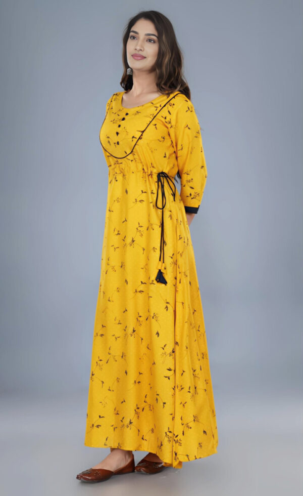 Mustard Yellow A-Line Long Kurti with Subtle Floral Print - Image 4