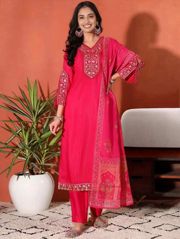 Festive Pink Embroidered Suit Set with Dupatta - Image 4