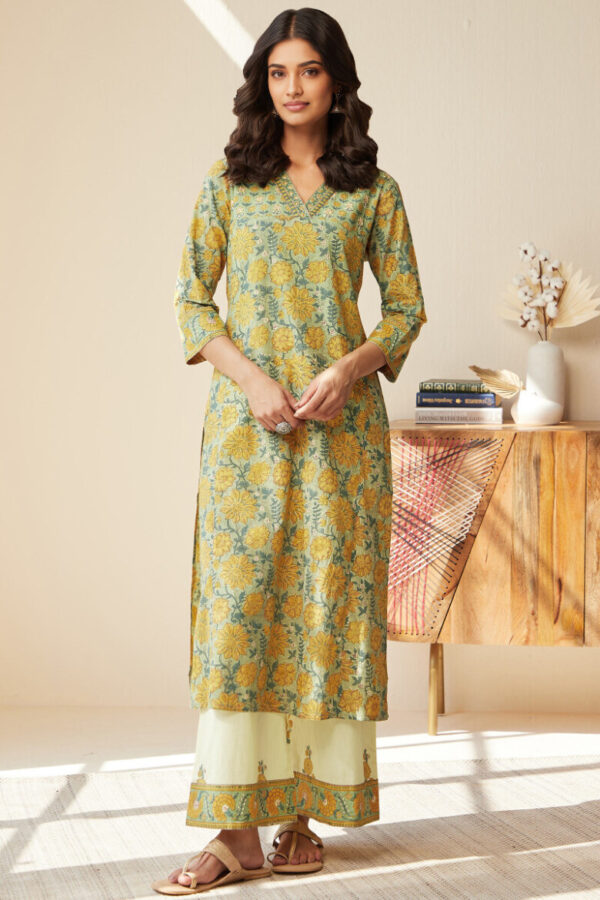 MUSTARD FLORAL PRINT STRAIGHT KURTI - Image 2