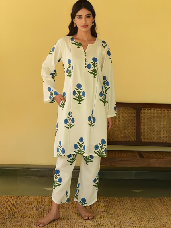 White & Blue Floral Handblock Print Co-ord Set - Image 3