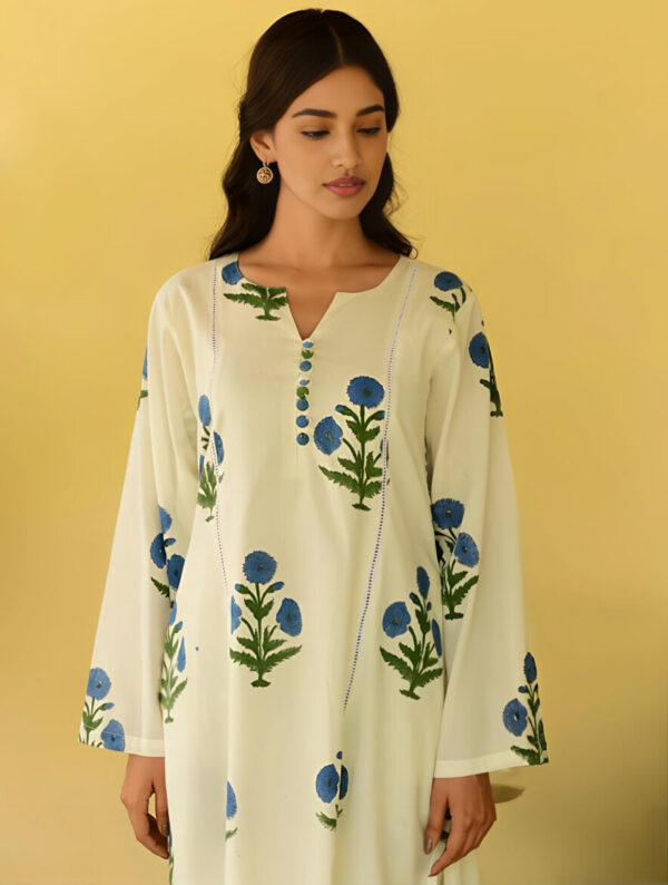 White & Blue Floral Handblock Print Co-ord Set - Image 5
