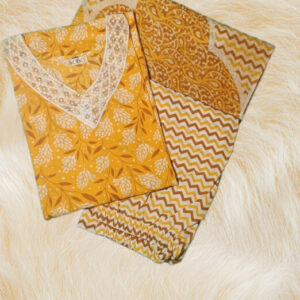 Sunshine Yellow Printed Cotton Kurta Set with Dupatta – 3 Piece Set