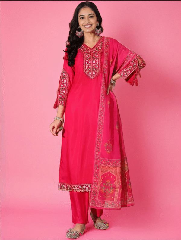Strawberry Pink Embroidered Suit Set with Dupatta - Image 7