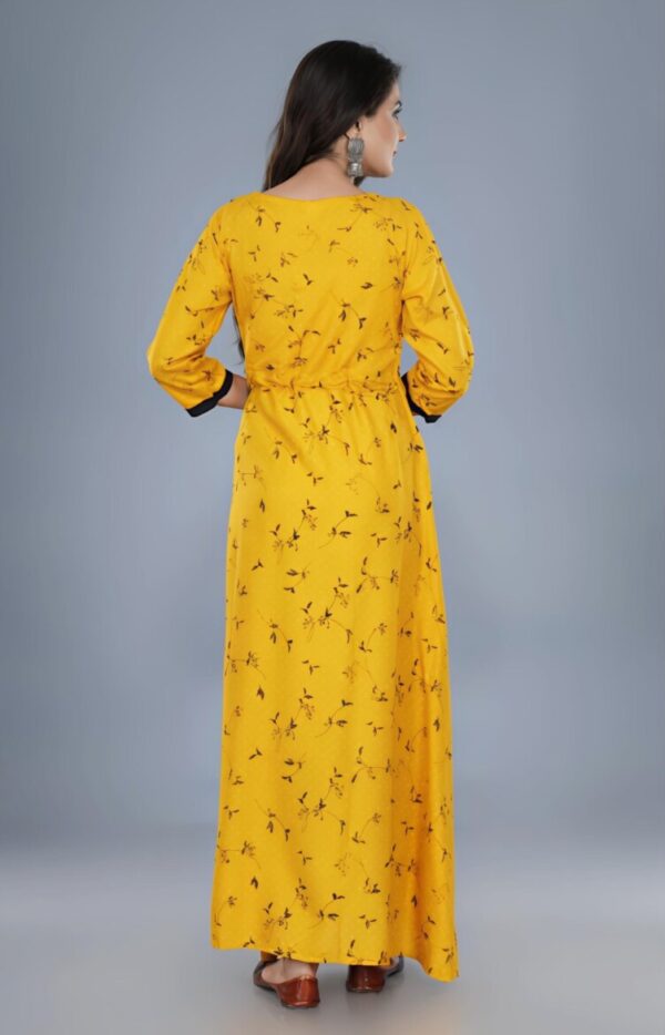 Mustard Yellow A-Line Long Kurti with Subtle Floral Print - Image 5