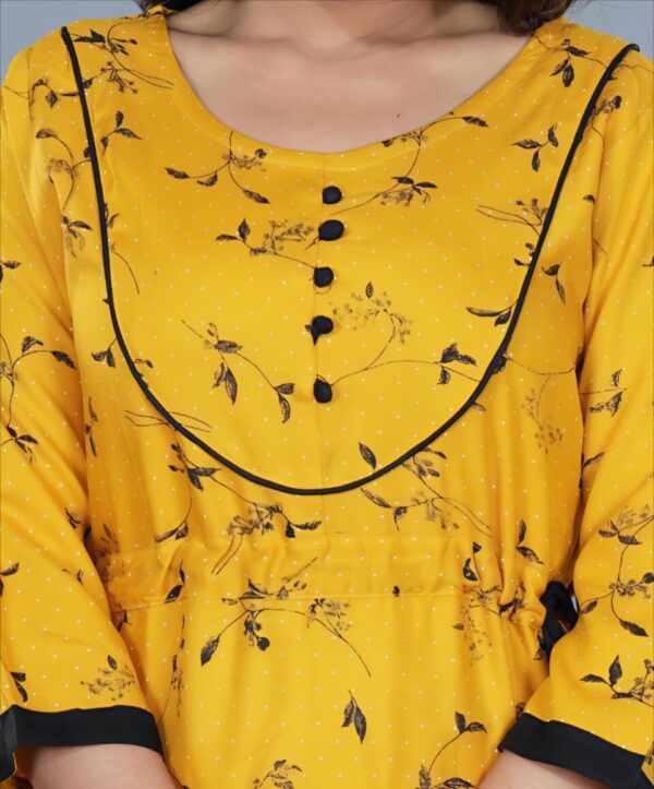 Mustard Yellow A-Line Long Kurti with Subtle Floral Print - Image 3
