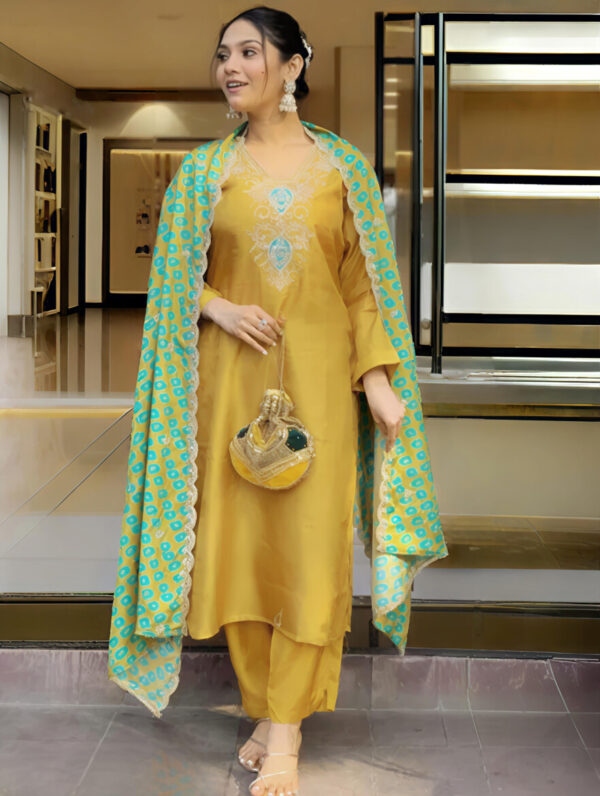 Mustard Yellow Embroidered Silk Kurta Set with Printed Dupatta - Image 4