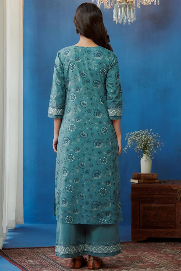 TEAL BLUE FLORAL PRINTED STRAIGHT KURTI - Image 3