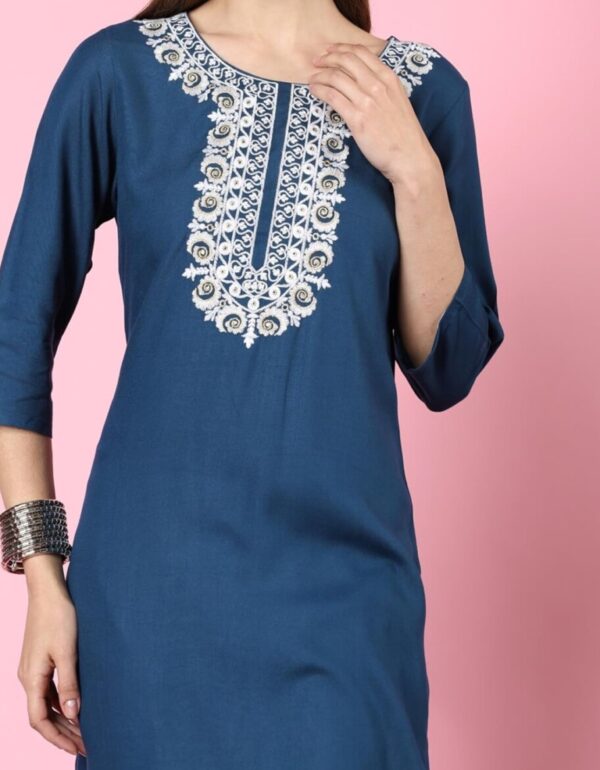 Navy Blue Cotton Kurti with White Thread Embroidery - Image 2