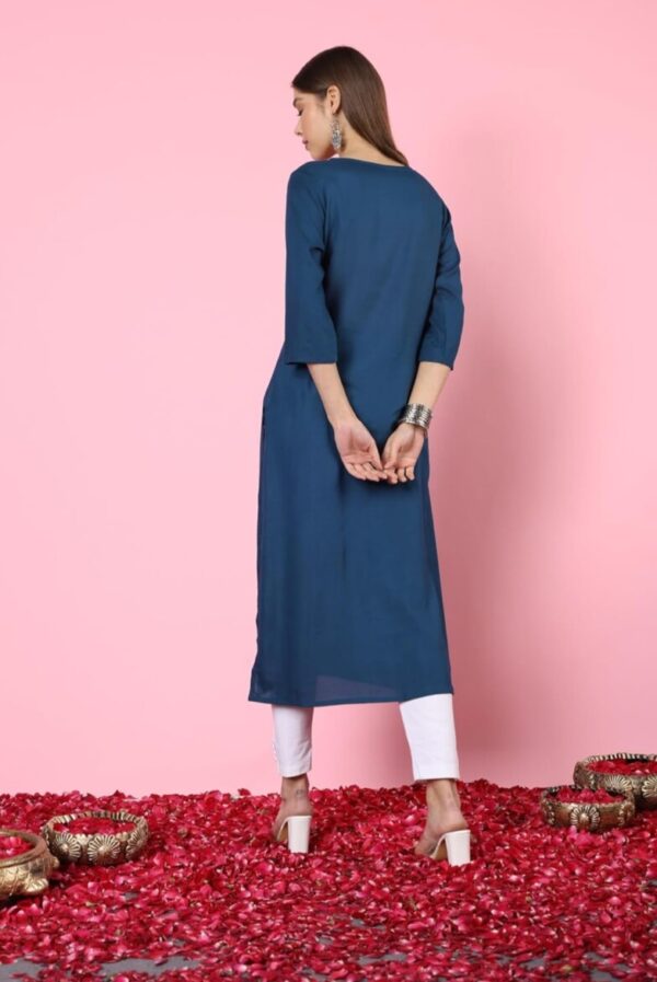 Navy Blue Cotton Kurti with White Thread Embroidery - Image 3