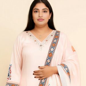 Elegant Beige Floral Printed Suit Set with Embroidered Neckline