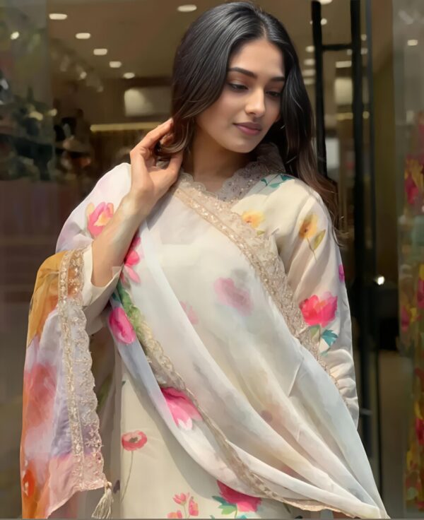 Elegant Floral Printed Kurta with Digital Print Dupatta - Image 3