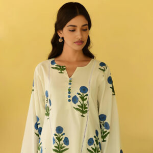 White & Blue Floral Handblock Print Co-ord Set