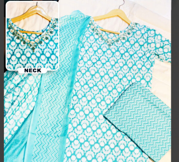 Aqua Blue Printed Kurti Set with Dupatta – 3 Piece Elegant Outfit - Image 5