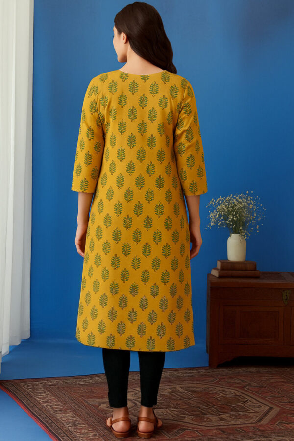 MUSTARD YELLOW BLOCK PRINT COTTON KURTI - Image 3