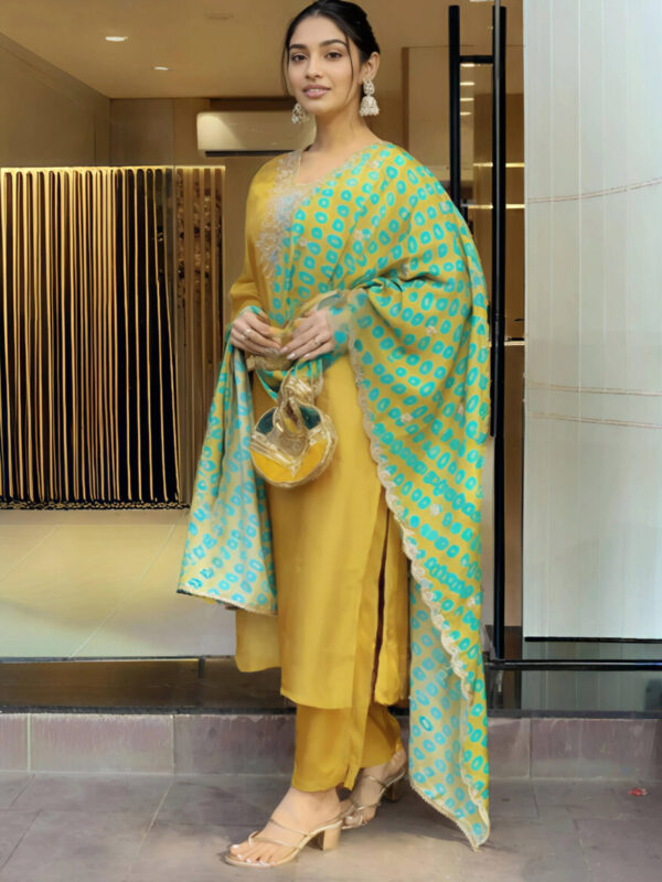 Mustard Yellow Embroidered Silk Kurta Set with Printed Dupatta - Image 3