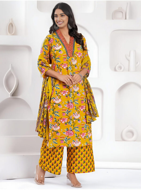 Mustard Yellow Floral Printed Cotton Kurta Set with Palazzo & Dupatta – 3 Piece Set - Image 3
