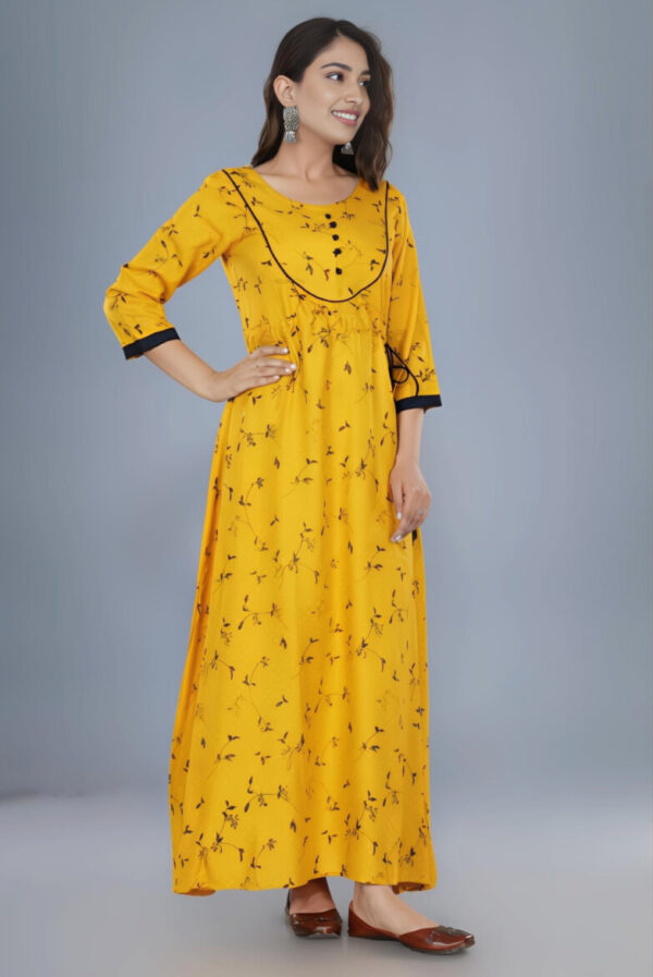 Mustard Yellow A-Line Long Kurti with Subtle Floral Print - Image 2