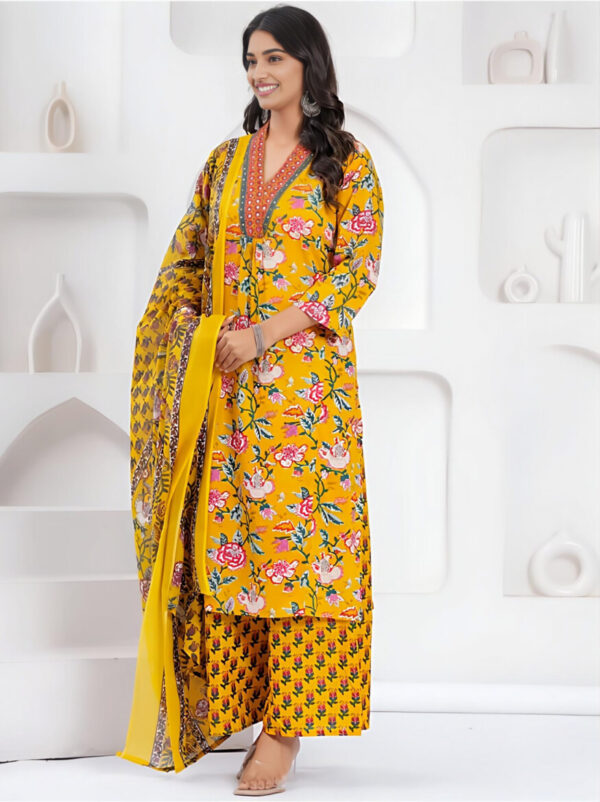 Mustard Yellow Floral Printed Cotton Kurta Set with Palazzo & Dupatta – 3 Piece Set - Image 2