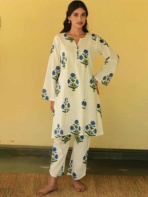 White & Blue Floral Handblock Print Co-ord Set - Image 2