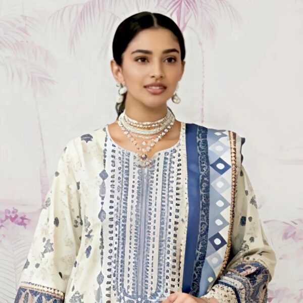 Ivory & Blue Digital Printed Suit Set with Embroidered Detailing