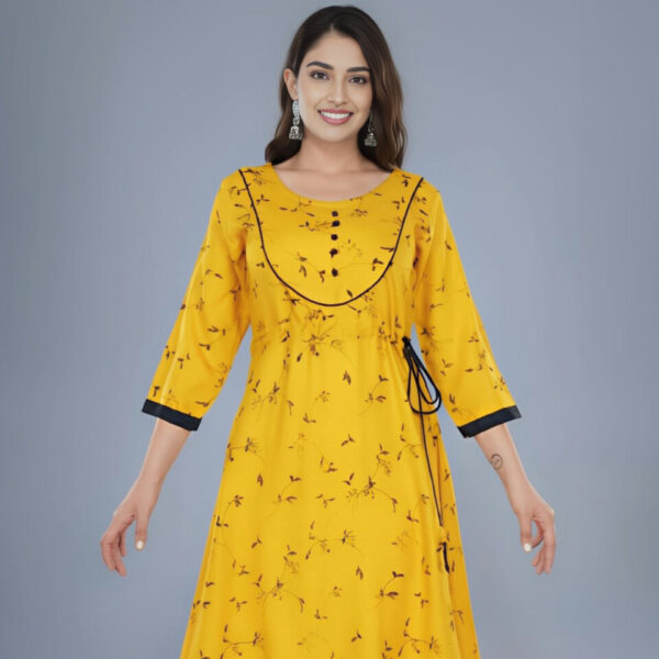 Mustard Yellow A-Line Long Kurti with Subtle Floral Print