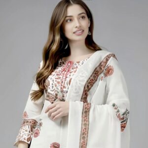 White Printed Kurti Set with Dupatta – 3 Piece Elegant Ensemble