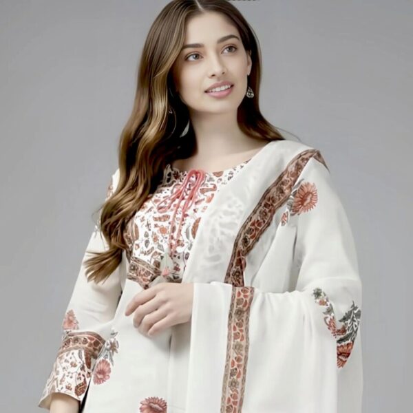 White Printed Kurti Set with Dupatta – 3 Piece Elegant Ensemble