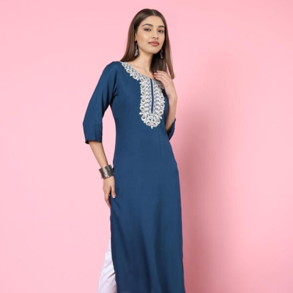 Navy Blue Cotton Kurti with White Thread Embroidery