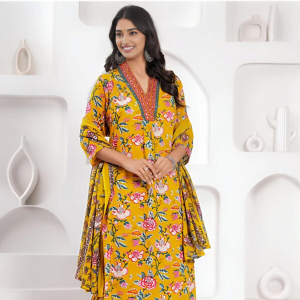 Mustard Yellow Floral Printed Cotton Kurta Set with Palazzo & Dupatta – 3 Piece Set