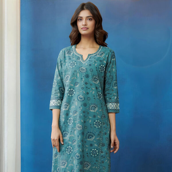 TEAL BLUE FLORAL PRINTED STRAIGHT KURTI