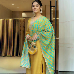 Mustard Yellow Embroidered Silk Kurta Set with Printed Dupatta