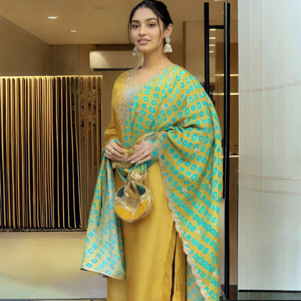 Mustard Yellow Embroidered Silk Kurta Set with Printed Dupatta