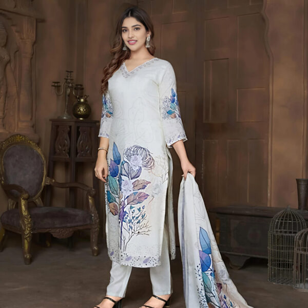 Elegant Pastel Floral Printed Suit Set with Dupatta