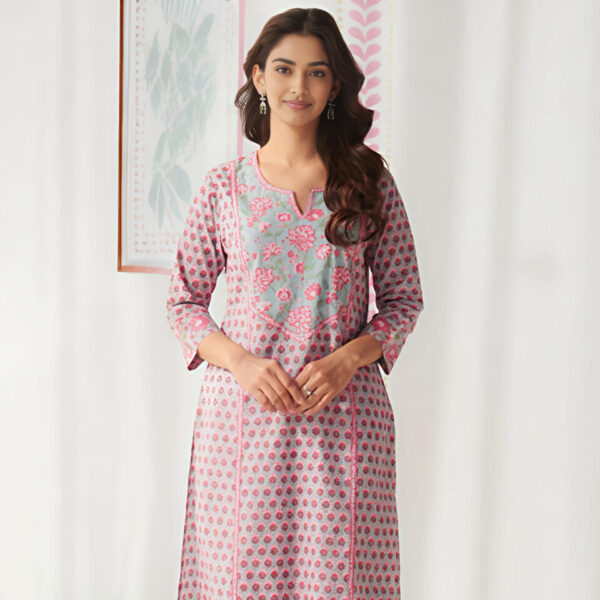 ELEGANT PINK FLORAL PRINTED STRAIGHT KURTI