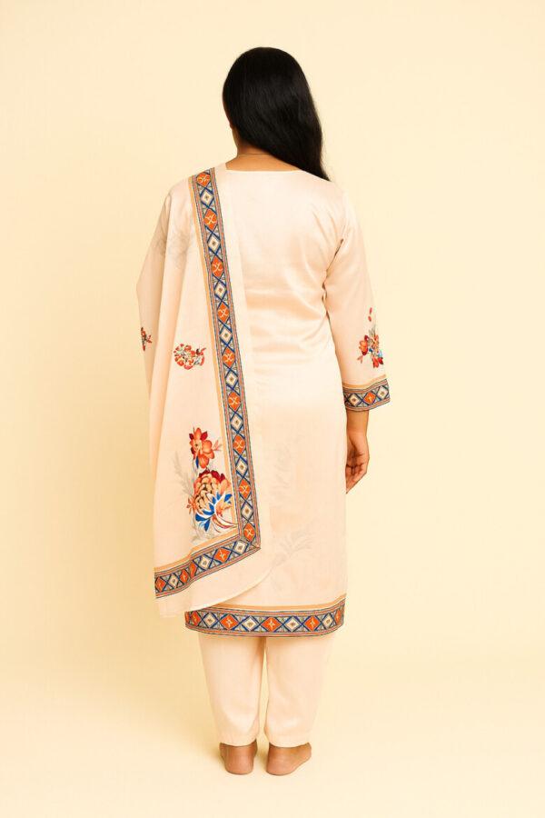 Elegant Beige Floral Printed Suit Set with Embroidered Neckline - Image 3
