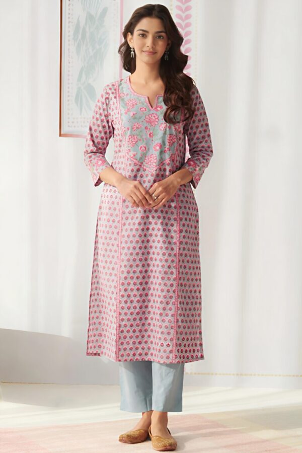 ELEGANT PINK FLORAL PRINTED STRAIGHT KURTI - Image 2