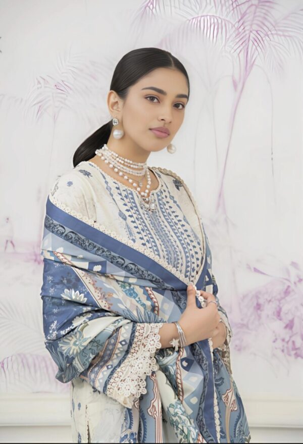 Ivory & Blue Digital Printed Suit Set with Embroidered Detailing - Image 2