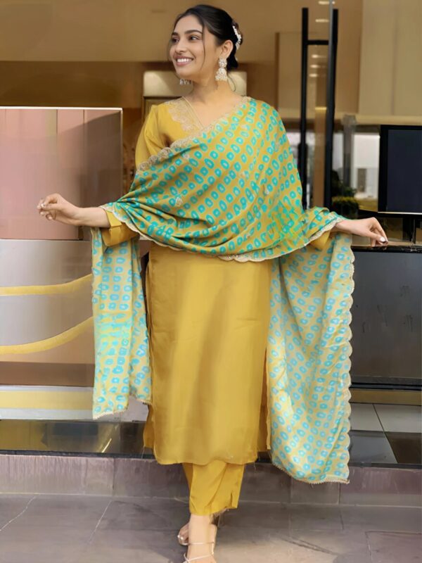 Mustard Yellow Embroidered Silk Kurta Set with Printed Dupatta - Image 2