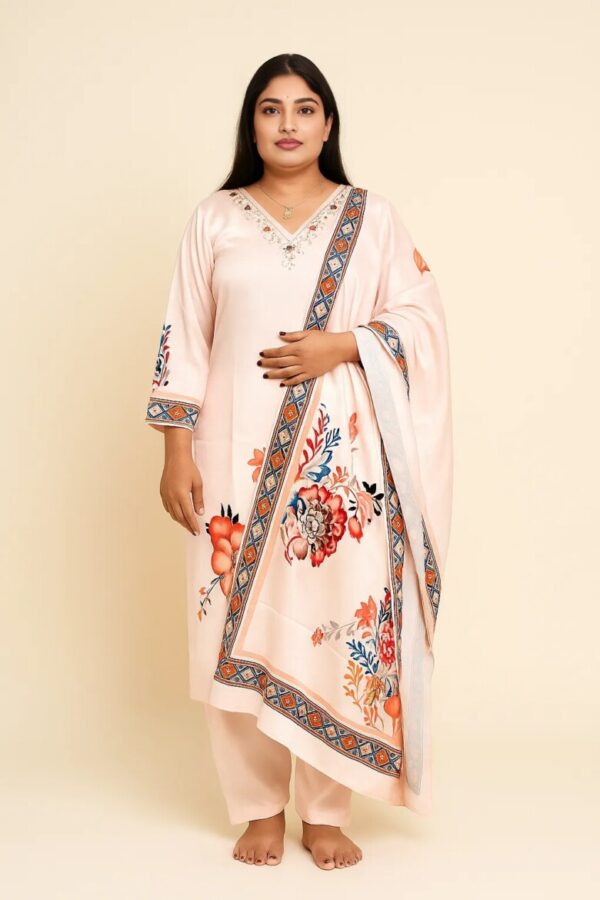 Elegant Beige Floral Printed Suit Set with Embroidered Neckline - Image 2