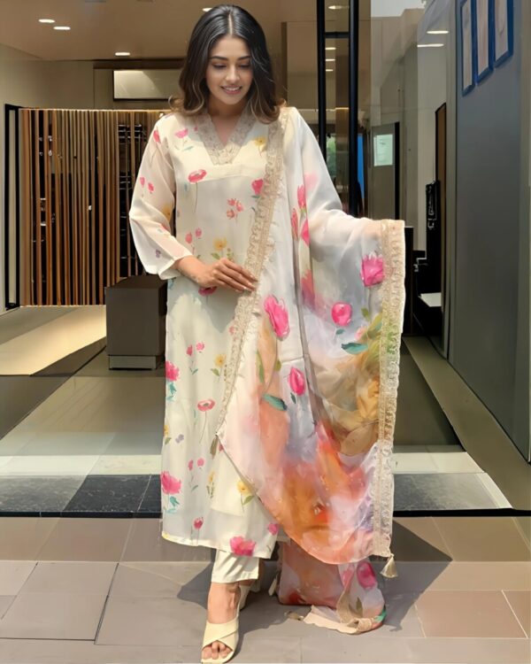 Elegant Floral Printed Kurta with Digital Print Dupatta - Image 2