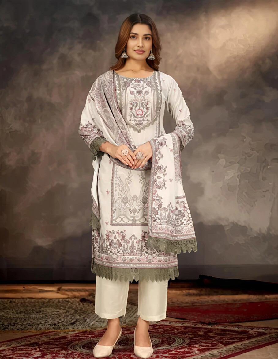 Elegant Grey & White Printed Suit Set with Lace Detailing