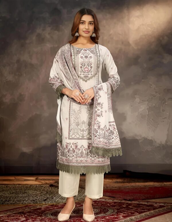Elegant Grey & White Printed Suit Set with Lace Detailing - Image 2