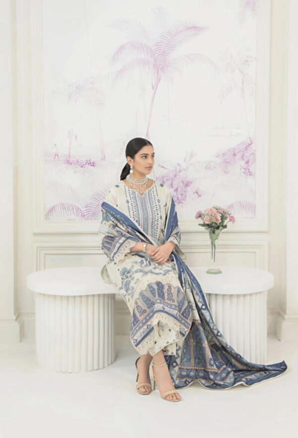 Ivory & Blue Digital Printed Suit Set with Embroidered Detailing - Image 4